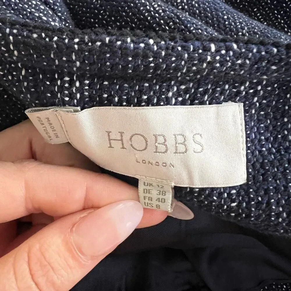 Hobbs London Navy Tweed Jacket Blazer US 8 Cropped Bouclé Wool Blend